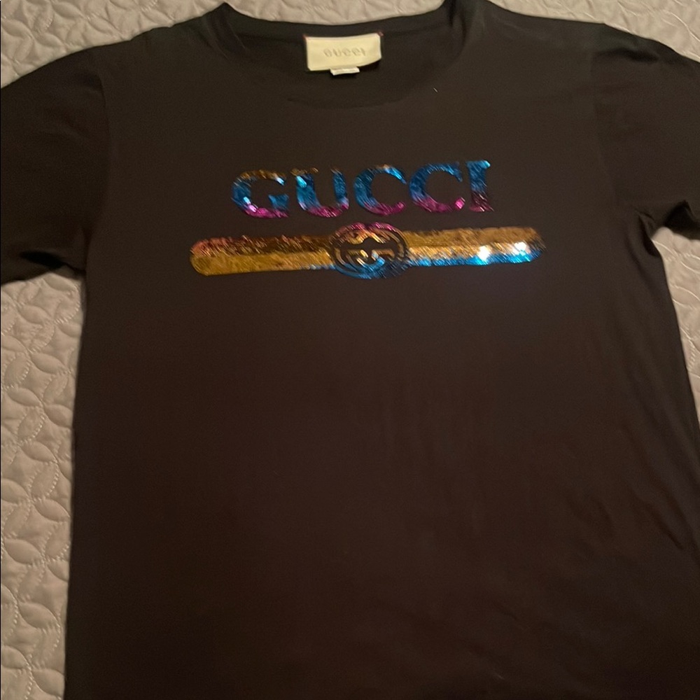 Gucci Black Tee with Colorful Sequin Logo